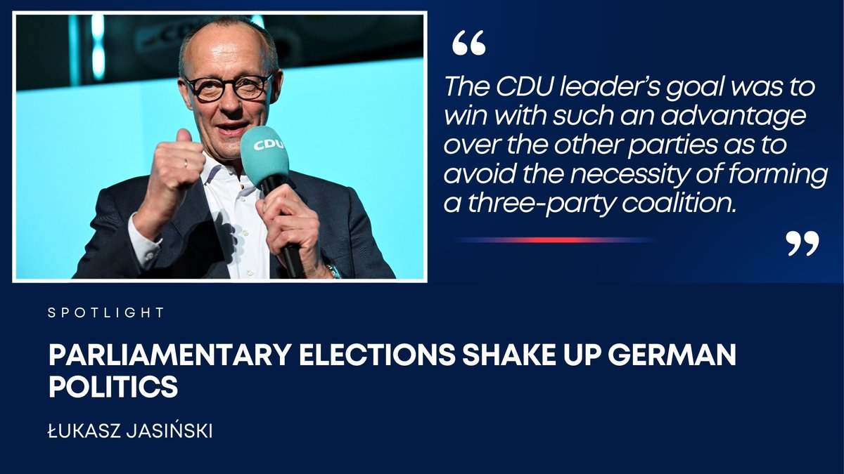 PISM_Poland's tweet image. Victorious in this week’s parliamentary elections in Germany were the CDU/CSU. Its leader Friedrich Merz will become Germany’s next Chancellor. The party was followed by the right-wing populist AfD  and the left-wing Die Linke . The previous governing coalition suffered defeat:…