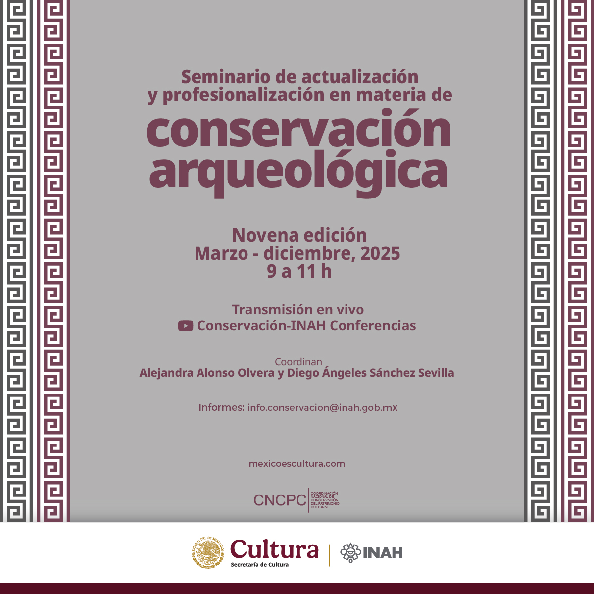 Este 2025, acompáñanos a las sesiones mensuales del Seminario de actualización y profesionalización en materia de conservación arqueológica, 9.° edición, de marzo a diciembre, de 9 a 11 h.
Consulta el programa completo en: inah.gob.mx/images/cartel/…