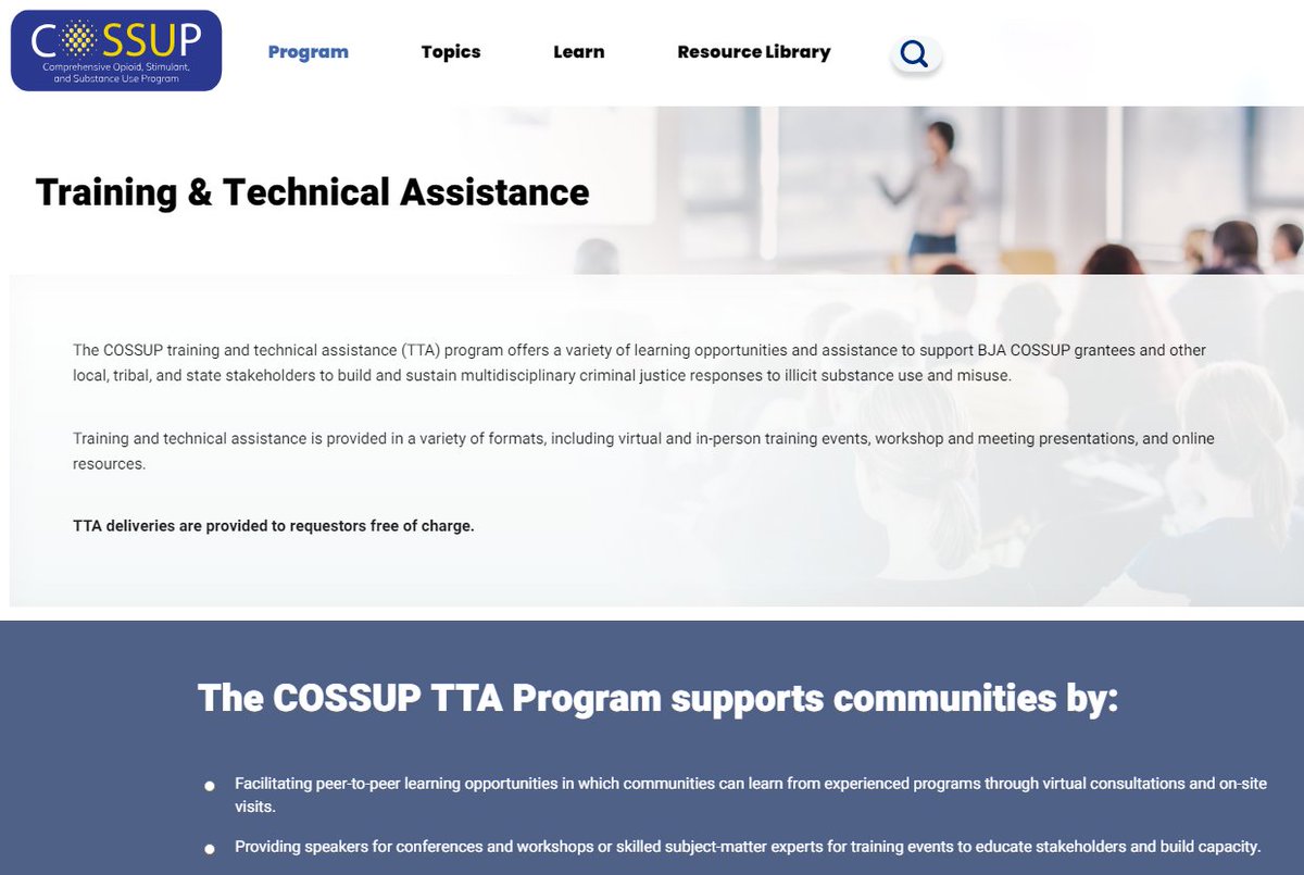 COSSUP (@cossupcommunity) on Twitter photo COSSUP’s training and technical assistance (TTA) helps communities build effective responses to substance misuse. TTA supports proven strategies such as deflection, peer support services, and medication-assisted treatment, and is free of charge: cossup.org/Program/TTA <a href="/DOJBJA/">Bureau of Justice Assistance</a> COSSUP’s training and technical assistance (TTA) helps communities build effective responses to substance misuse. TTA supports proven strategies such as deflection, peer support services, and medication-assisted treatment, and is free of charge: cossup.org/Program/TTA <a href="/DOJBJA/">Bureau of Justice Assistance</a>