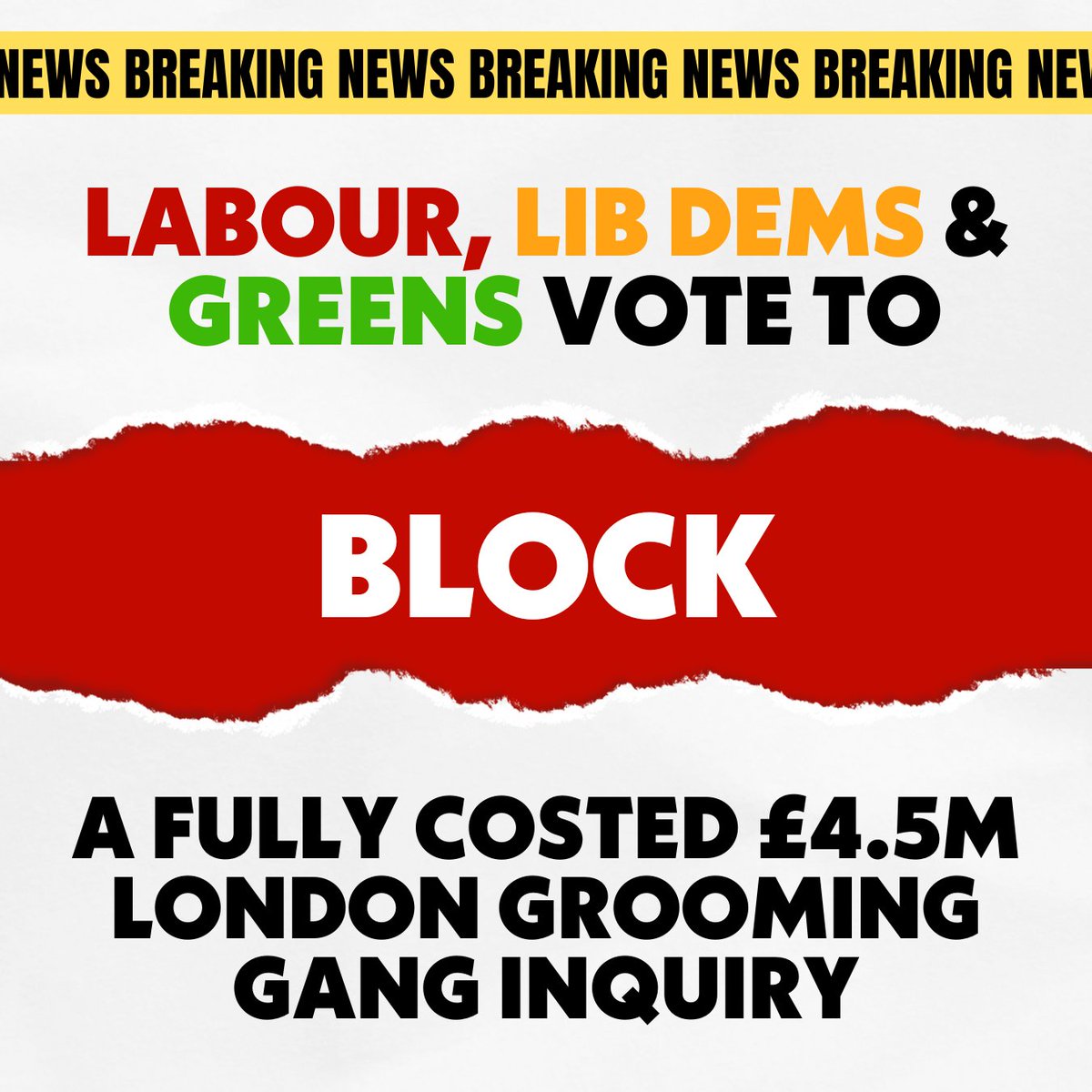 BREAKING: City Hall Labour, Lib Dems &amp; Greens work together to block our fully-costed plan for a Londonwide inquiry into grooming gangs.

The Labour Government told us they wanted local inquiries - so we must deliver one to bring the victims justice.