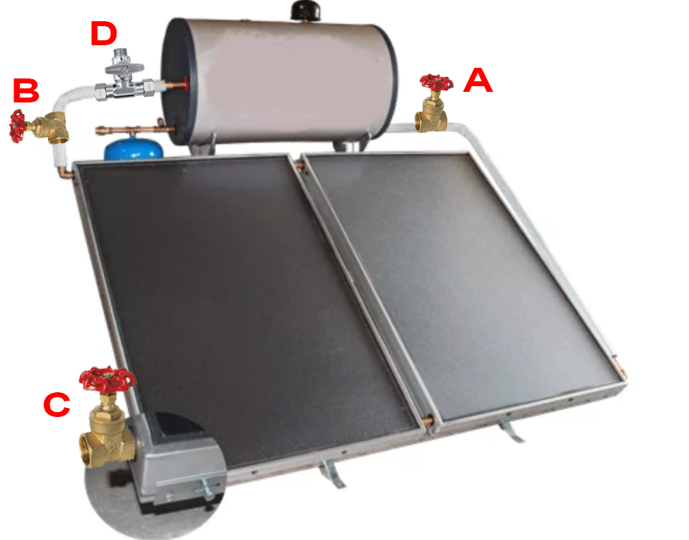 Αποφύγετε να σπάσουν οι σωλήνες σας από το κρύο.Αδειάστε τα ηλιακά πάνελ χωρίς να επηρεάσετε το υπόλοιπο σύστημα ύδρευσης: Κλείστε τις βαλβίδες Α και Β, ανοίξτε τη C. Όταν συνδέετε ξανά, ανοίξτε Α και Β, κλείστε C. Χρησιμοποιήστε τη D για αέρα.
<a href="/petroulastonaki/">Petroula 🐾🐾</a>