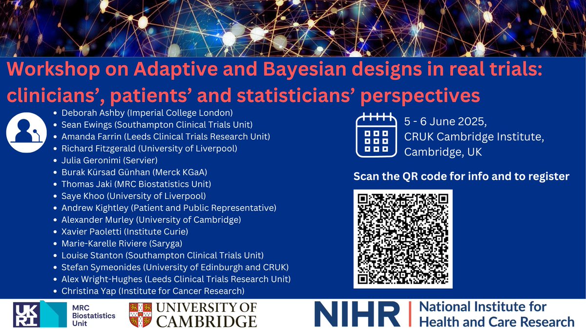 MRC Biostatistics Unit (@mrc_bsu) on Twitter photo We are organising an exciting workshop on Adaptive and Bayesian designs in real trials: clinicians', patients' and statisticians' perspectives
5 - 6 June, Cambridge, UK and online
Part of <a href="/pmozgunov/">Pavel Mozgunov</a>'s NIHR Advanced Fellowship
Info and registration:
mrc-bsu.cam.ac.uk/events/worksho… We are organising an exciting workshop on Adaptive and Bayesian designs in real trials: clinicians', patients' and statisticians' perspectives
5 - 6 June, Cambridge, UK and online
Part of <a href="/pmozgunov/">Pavel Mozgunov</a>'s NIHR Advanced Fellowship
Info and registration:
mrc-bsu.cam.ac.uk/events/worksho…