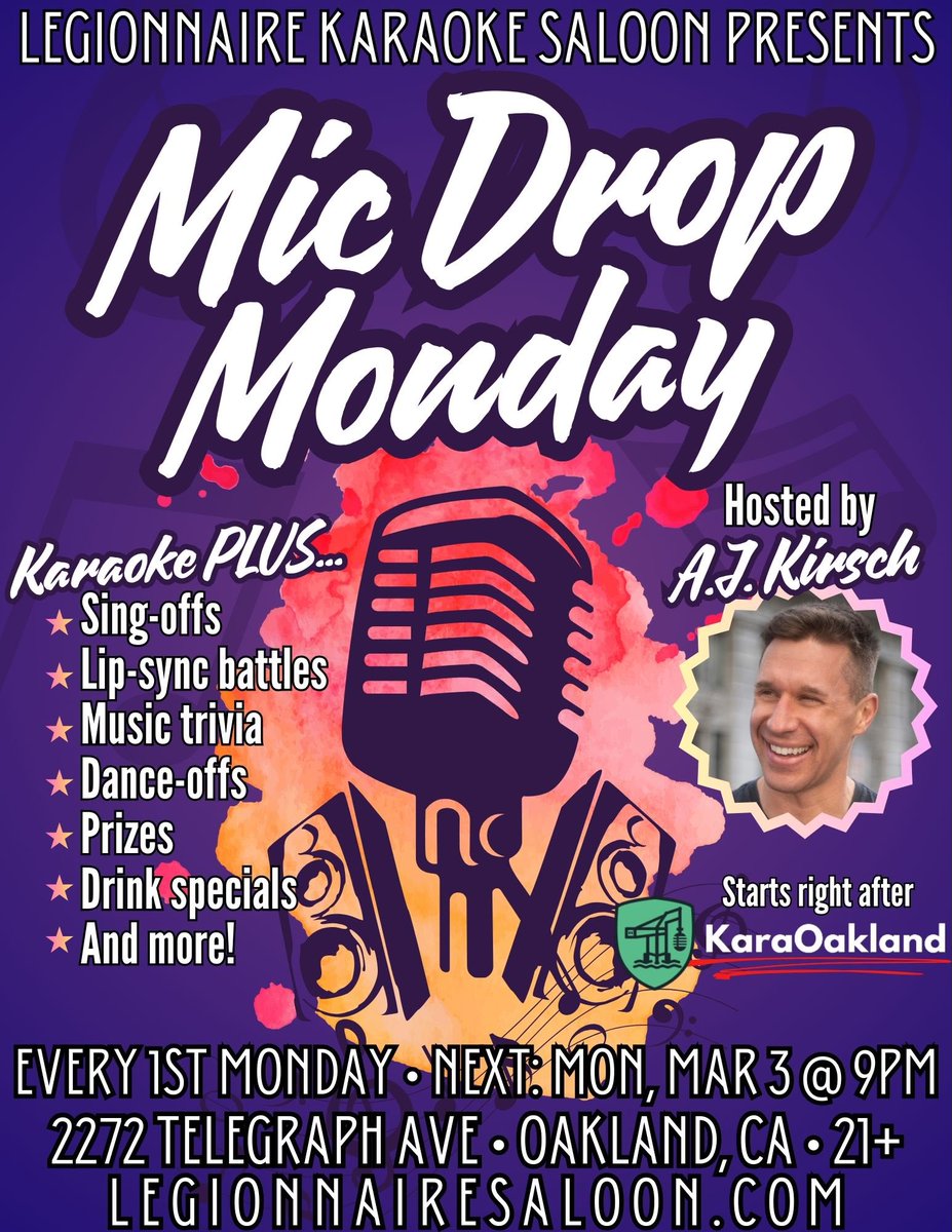 AJKirsch's tweet photo. Tue 2/25
Wed 2/26
Thu 2/27
San Jose CA
@wearegoodera Global Volunteering Summit host, keynote speaker

Sat 3/1
San Carlos CA
School fundraiser host

Mon 3/3
Oakland CA
#MicDropMonday karaoke party

Sat 3/8
Arlington TX
#BingoLoco at @tx_live

🎟️ &amp; info: https://t.co/UMm2LJDn1t https://t.co/zHUkNOWGXJ