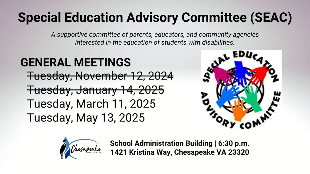 Does your child have an IEP or a 504 plan? SEAC is your voice!

🗓 When? March 11
⏰ Time? 6:30 PM
📍 Where? School Admin Building
Topic of Discussion: I'm Determined,Transition &amp; Inclusion

🔗 Learn more: cpschools.com/o/cps/page/spe…