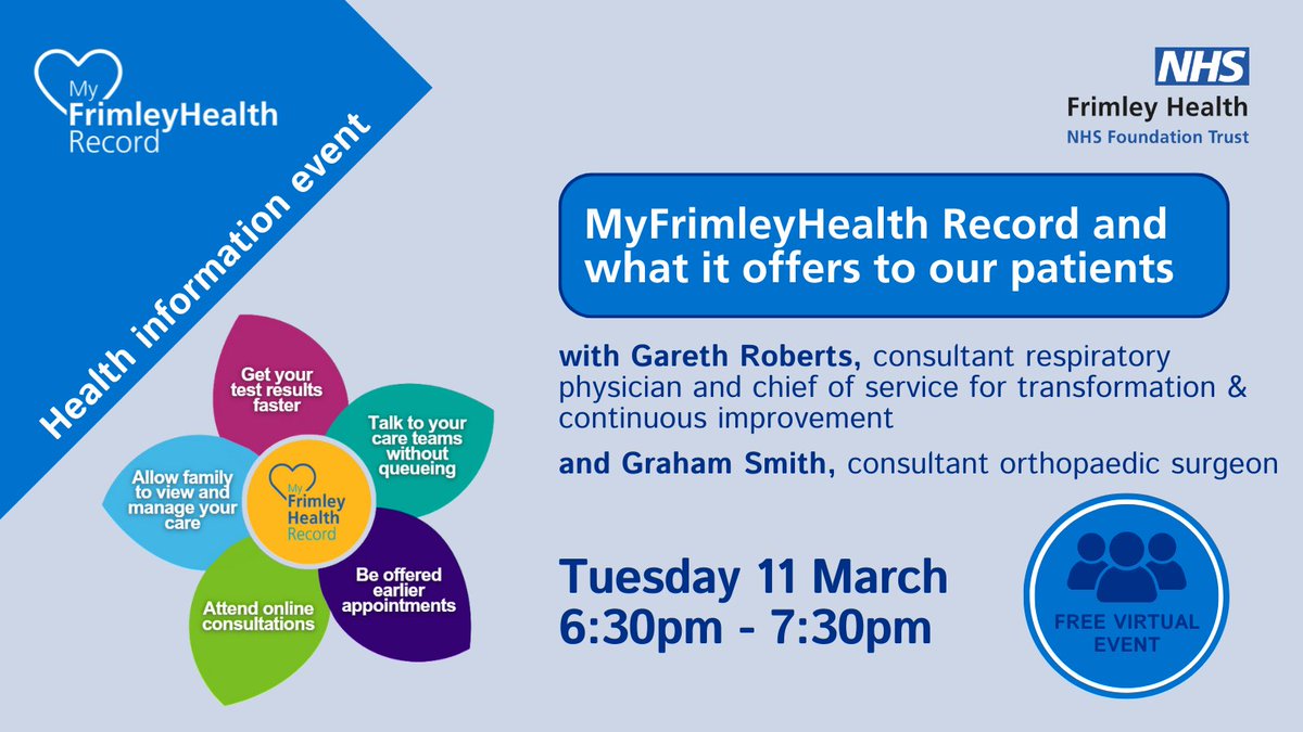ℹ️ Join us for our next online health event on Tuesday 11 March and hear from Gareth Roberts and Graham Smith on the benefits of the patient access website and app 'MyFrimleyHealth Record' 

📅 Tuesday 11 March
🕡 6:30pm
💻 Register here: fhft.nhs.uk/about-us/about…