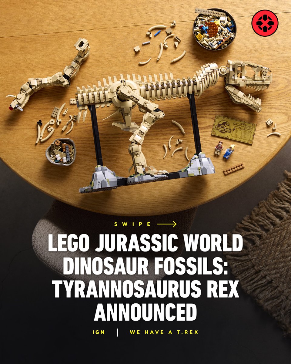 IGN's tweet photo. A new 3-foot long LEGO Jurassic World Dinosaur Fossils set has been revealed, allowing you to build your own enormous brick-based Tyrannosaurus rex skeleton! The 3,145-piece set will be available in March for $249.99. https://t.co/Pbts7isD3M https://t.co/s4RBLsHxoi