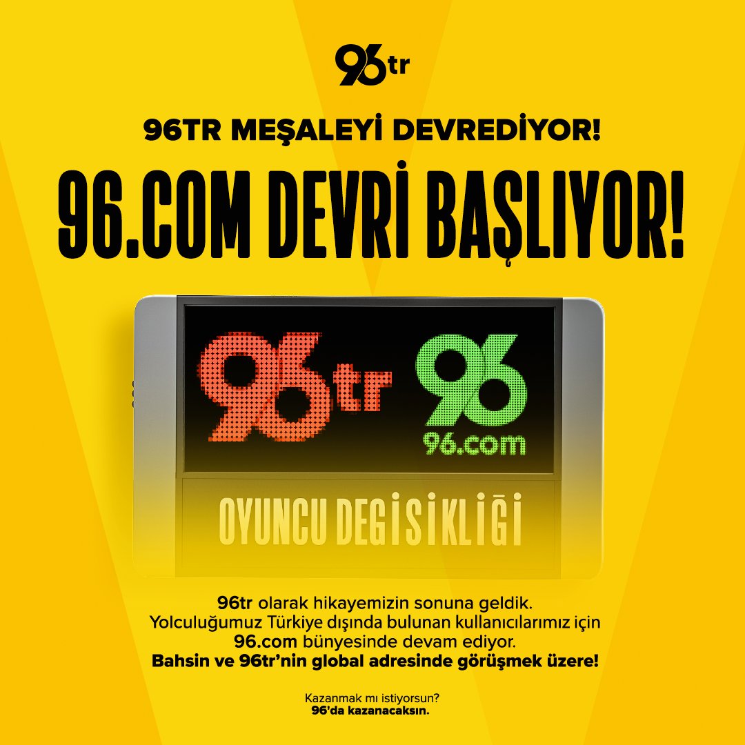 🌍 96'DA YENİ BİR DEVİR BAŞLIYOR!

96tr olarak ay sonunda hikayemizin sonuna geliyoruz. Yolculuğumuz Türkiye dışında bulunan kullanıcılarımız için global adresimiz bünyesinde devam ediyor! 

ℹ️ Bilgi için 96 Süper Destek ile iletişime geçebilirsiniz!

🚀 bit.ly/96tr