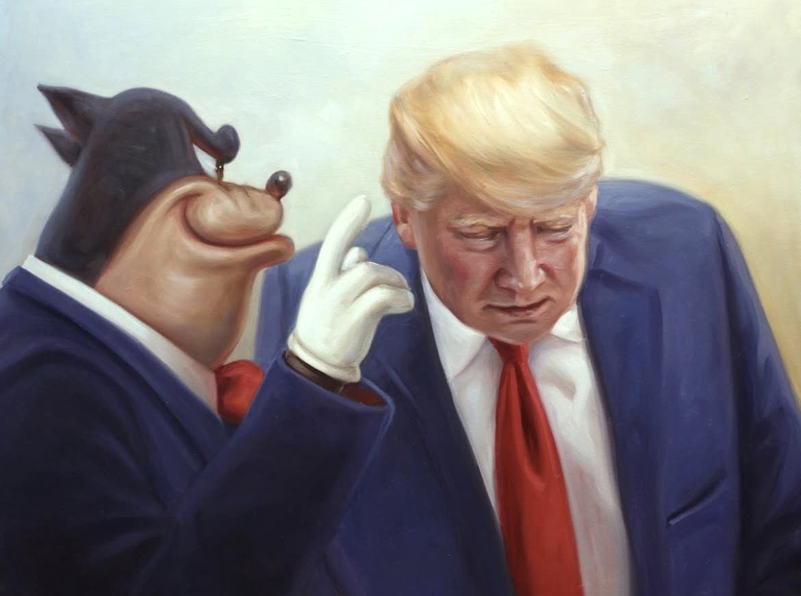 This is from 2019, ” The Adviser ”, oil on board, 50 x 65 cm. #ukraina #ukraine #slavaukraini #stopputin #warcriminal #trump #president #disney #art #oilpainting #figurativeart #contemporaryart #artistsontwitter #artistsonx #kajstenvall