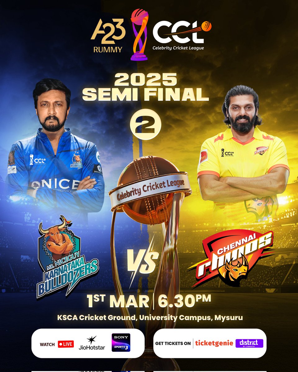 CCL (@ccl) on Twitter photo ๐ Semifinal 2 Clash! ๐ฅ
It's a battle of champions as <a href="/kabulldozers/">Karnataka Bulldozers</a> ๐ take on <a href="/chennairhino/">Chennai Rhinos</a> ๐ฆ in the A23 Rummy CCL 2025 Semifinal 2!
โ Will the Bulldozers dominate, or will the Rhinos charge into the finals?
๐ KSCA Cricket Ground, Mysuru
๐
March 1st 6:30PM Onwards
๐๏ธ ๐ Semifinal 2 Clash! ๐ฅ
It's a battle of champions as <a href="/kabulldozers/">Karnataka Bulldozers</a> ๐ take on <a href="/chennairhino/">Chennai Rhinos</a> ๐ฆ in the A23 Rummy CCL 2025 Semifinal 2!
โ Will the Bulldozers dominate, or will the Rhinos charge into the finals?
๐ KSCA Cricket Ground, Mysuru
๐
March 1st 6:30PM Onwards
๐๏ธ