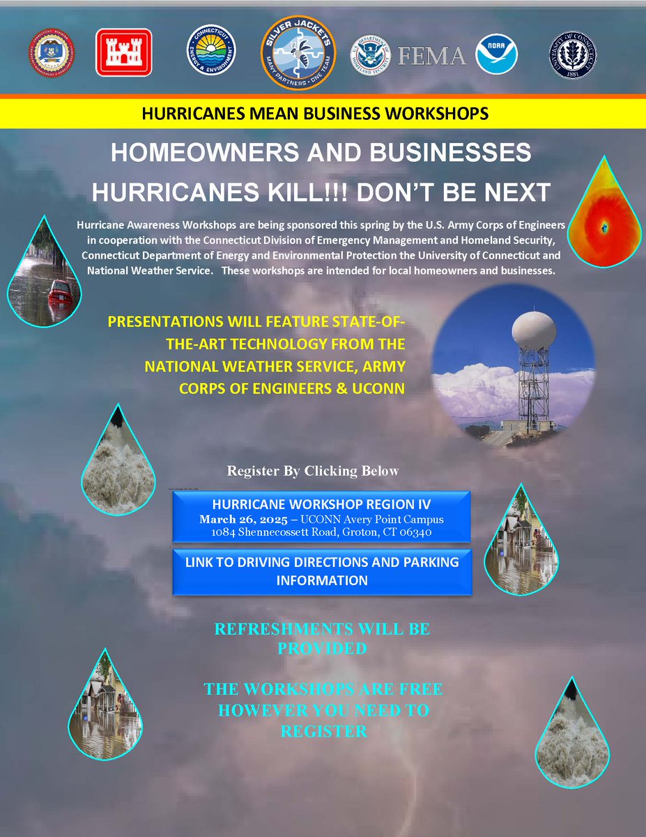 CTDEMHS's tweet image. Please join CT DEMHS and other partners for an informational Hurricane Awareness Workshop - Hurricanes Mean Business! Workshop is being held on March 26, 2025 at UCONN's Avery Point Campus in Groton.
Please register here: lnkd.in/eDQpCGQq