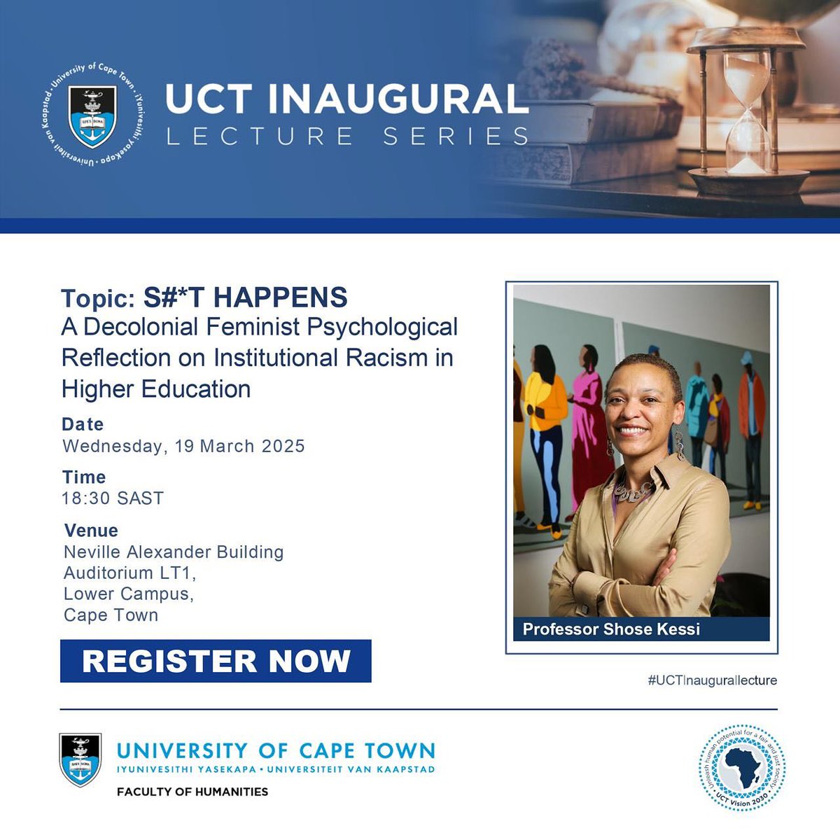 Save the Date!

Do not miss Prof Kessi inaugural lecture titled: 
S#*t Happens: A Decolonial Feminist Psychological Reflections on Institutional Racism in Higher Education happening

Date: The 19th of March. 

We will share the live stream link soon.