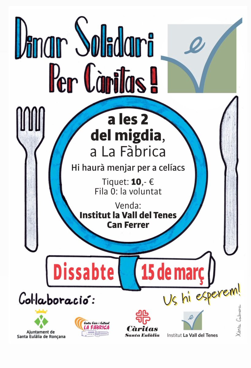 Un any més celebrarem el dinar solidari el dia 15 de març a la Fàbrica. Els alumnes de 4t d'ESO oferiran un dinar amb espectacle musical i Bingo!  El preu del dinar és de 10 euros. Es pot col.laborar també amb fila 0 i trobareu els tiquets a la venta a l'institut i a can Ferrer.