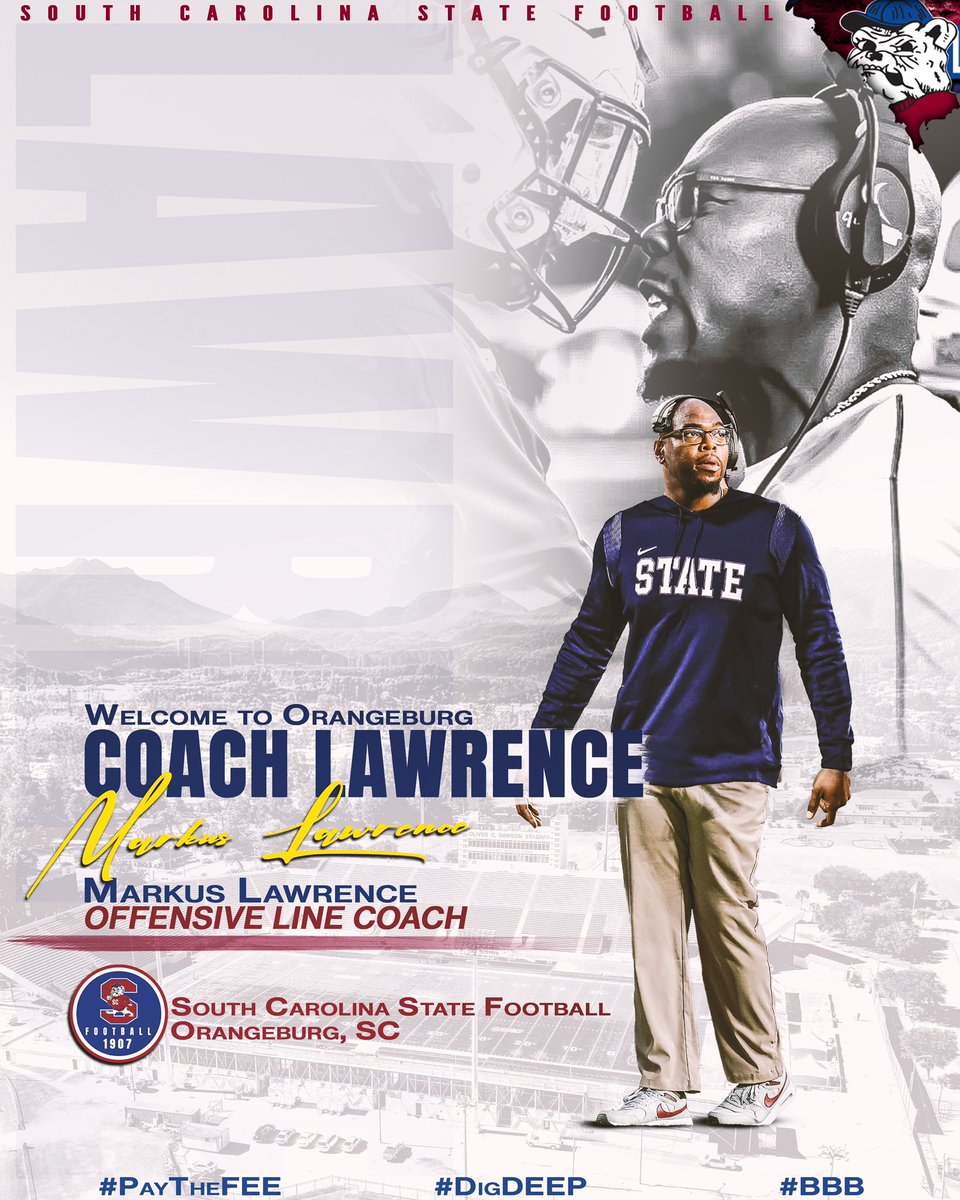 #GoDogs

Please Welcome our NEW OFFENSIVE LINE COACH, Coach Markus Lawrence <a href="/Coach_Poke/">Markus Lawrence</a> , to our Bulldog Family!!!! We know he’ll do great as a BULLDOG!!!!!!

<a href="/SCStateAthletic/">SC State Athletics</a> <a href="/SCSTATE1896/">SC State University</a> <a href="/MEACSports/">Mid-Eastern Athletic Conference</a> <a href="/coachberry77/">Chennis Berry</a> 
#PayTheFEE
#DigDEEP
#FearTheBITE
#CWCW
#BBB
🔴🔵🐶🏈