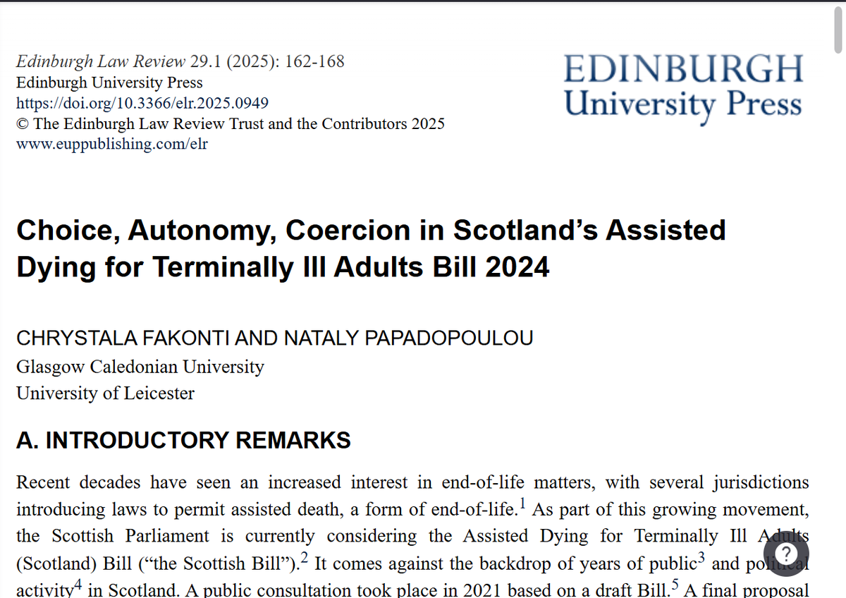 ChrystalFakonti's tweet photo. Analysing Scotland’s Assisted Dying for Terminally Ill Adults Bill 2024: New piece in Edinburgh Law Review - available in the January Issue
https://t.co/m89M7BilUu https://t.co/ScggWVxgh7