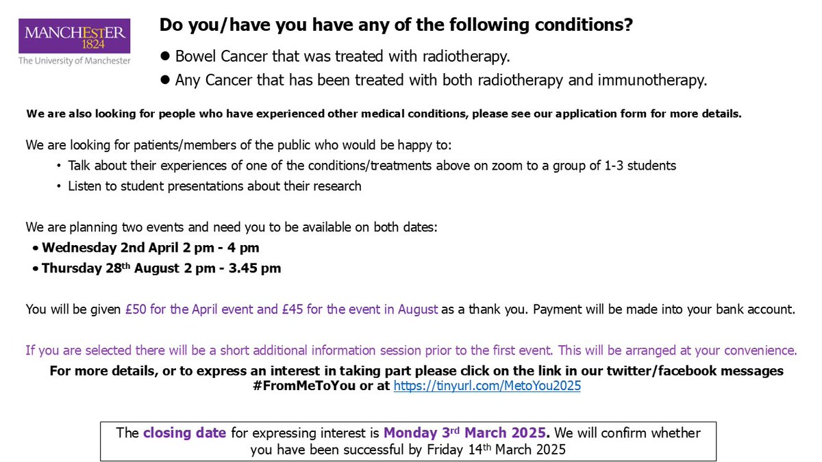 LindseyBwork's tweet image. If you have experienced Bowel Cancer that was treated with radiotherapy, or any Cancer that has been treated with both radiotherapy and immunotherapy, we would love to hear from you - See below and visit tinyurl.com/MetoYou2025 for more information and to apply. #FromMeToYou
