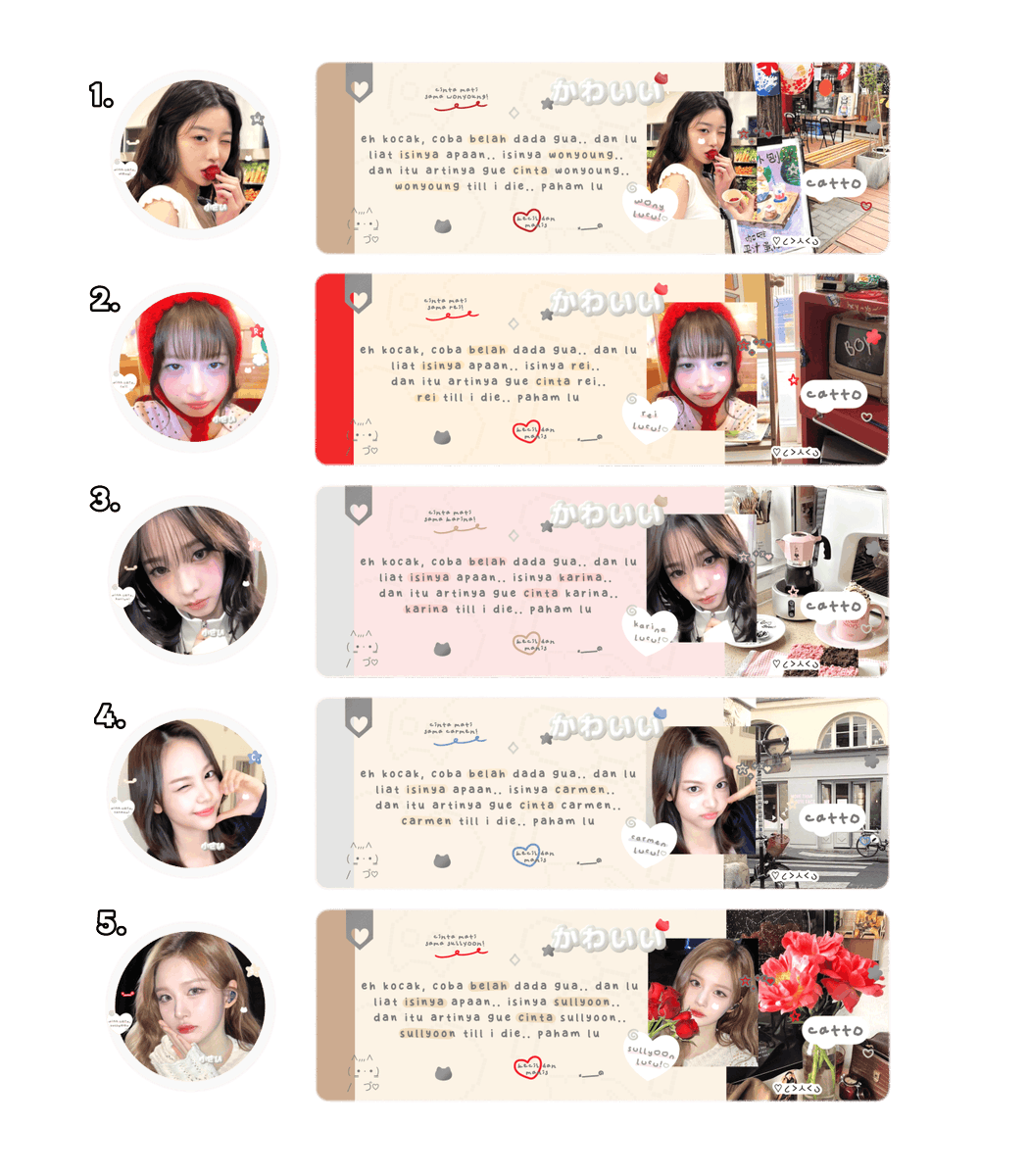 hanfornoah's tweet image. Tolong bantu repost &amp;amp; hypenya, makaci! 💖

Nighty night, malem ini aku bawa layout ready stock GG foto foto terbaru ia 😆💗 ada Wonyoung, Rei, Karina, Carmen &amp;amp; Sullyoon!

• 8K/ea via QRIS
• ava PNG only
• FREE retext kecuali huruf jepang
• by request (+1k)

#zonauang #zonaba