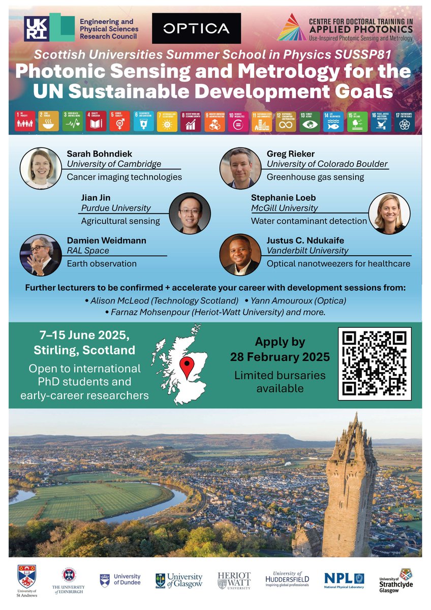 The deadline is fast approaching for our 'SUSSP81 Photonics Sensing and Metrology for the UN Sustainable Development Goals' at the University of Stirling. 

Registration is open until Friday 28th February 2025. Click the link below for more details🌟 

cdtphotonics.hw.ac.uk/event/sussp81-…