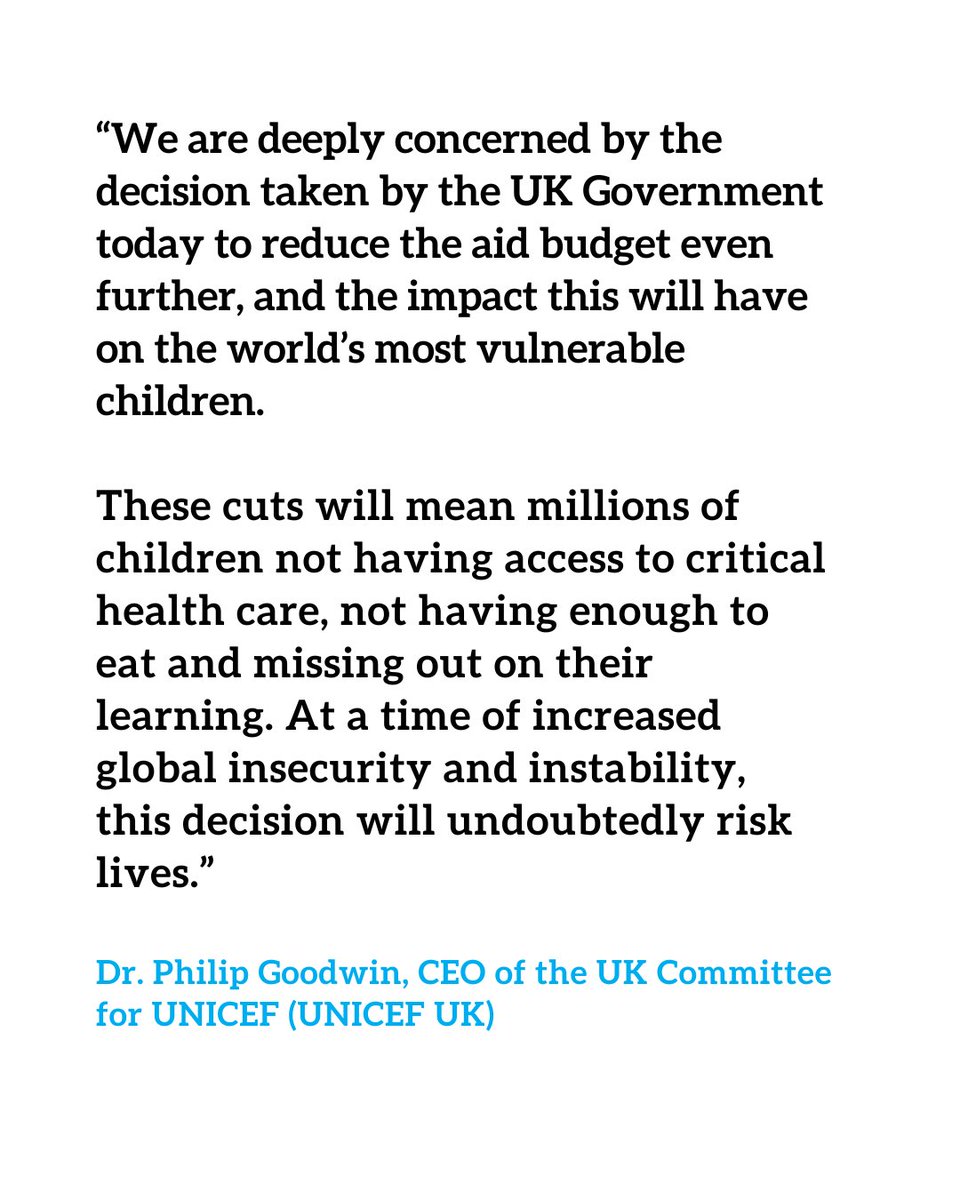 Statement from Dr Philip Goodwin, CEO of the UK Committee for UNICEF (UNICEF UK), following the UK Government’s announcement to cut ODA further FROM 0.5% TO 0.3% earlier today. 
Link to full statement here 👇
bit.ly/41dMVYz