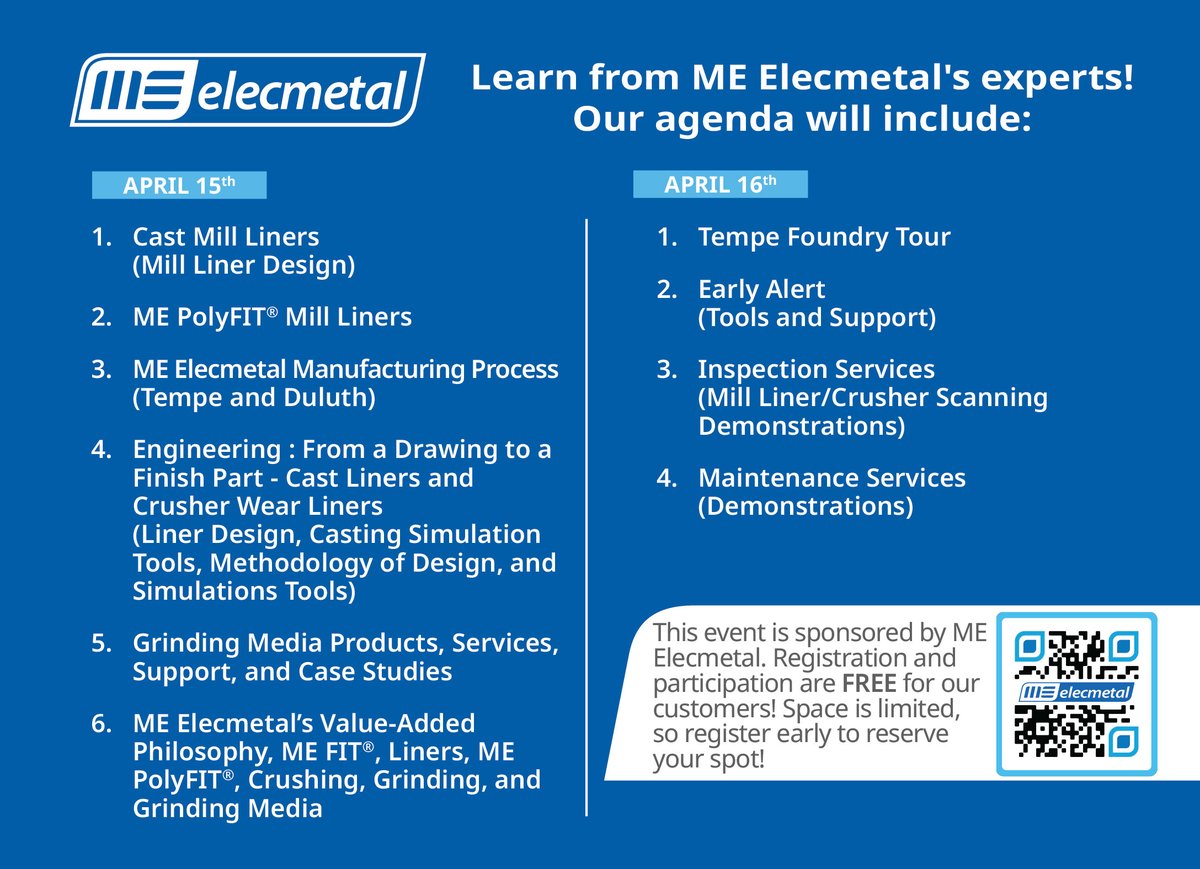 MEElecmetal's tweet image. Join ME ELECMETAL at our 2025 Customer Summit!
We’re bringing together our customers for an exclusive technical workshop at our Tempe, Arizona foundry!
Check out the agenda —&amp;gt;
🔗Learn more &amp;amp; register: usa.me-elecmetal.com/en-us/events/m…
#CustomerSummit #Grinding #Crushing #Milling #Mining