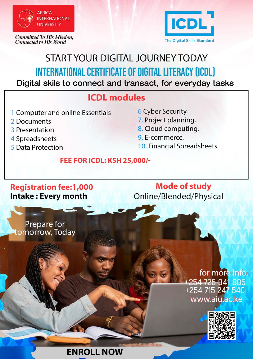 Don't Get Left Behind in the Digital Age! 💻

In today’s fast-evolving world, tech is shaping how we work, learn, &amp; connect.

📢 Join us <a href="/AIU_uni/">Africa International University</a> for short courses in Digital Literacy, offered in partnership with <a href="/ICDL/">ICDL</a>. Gain globally recognized IT skills &amp; boost your career!