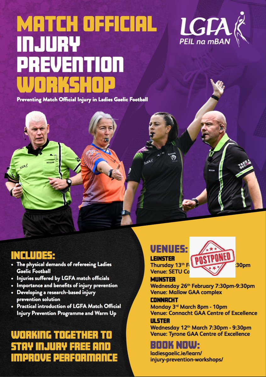 Coming 🔜

Match Official Injury Prevention workshops in <a href="/ConnachtLGFA/">Connacht LGFA</a> (March 3) <a href="/MunsterLGFA/">Munster LGFA</a> (TOMORROW February 26) and <a href="/UlsterLadies/">Ulster Ladies Gaelic</a> (March 12).

Book now➡️ ladiesgaelic.ie/learn/injury-p…

More info➡️ bit.ly/3CFOHcz

<a href="/DCU/">Dublin City University</a> #LGFA