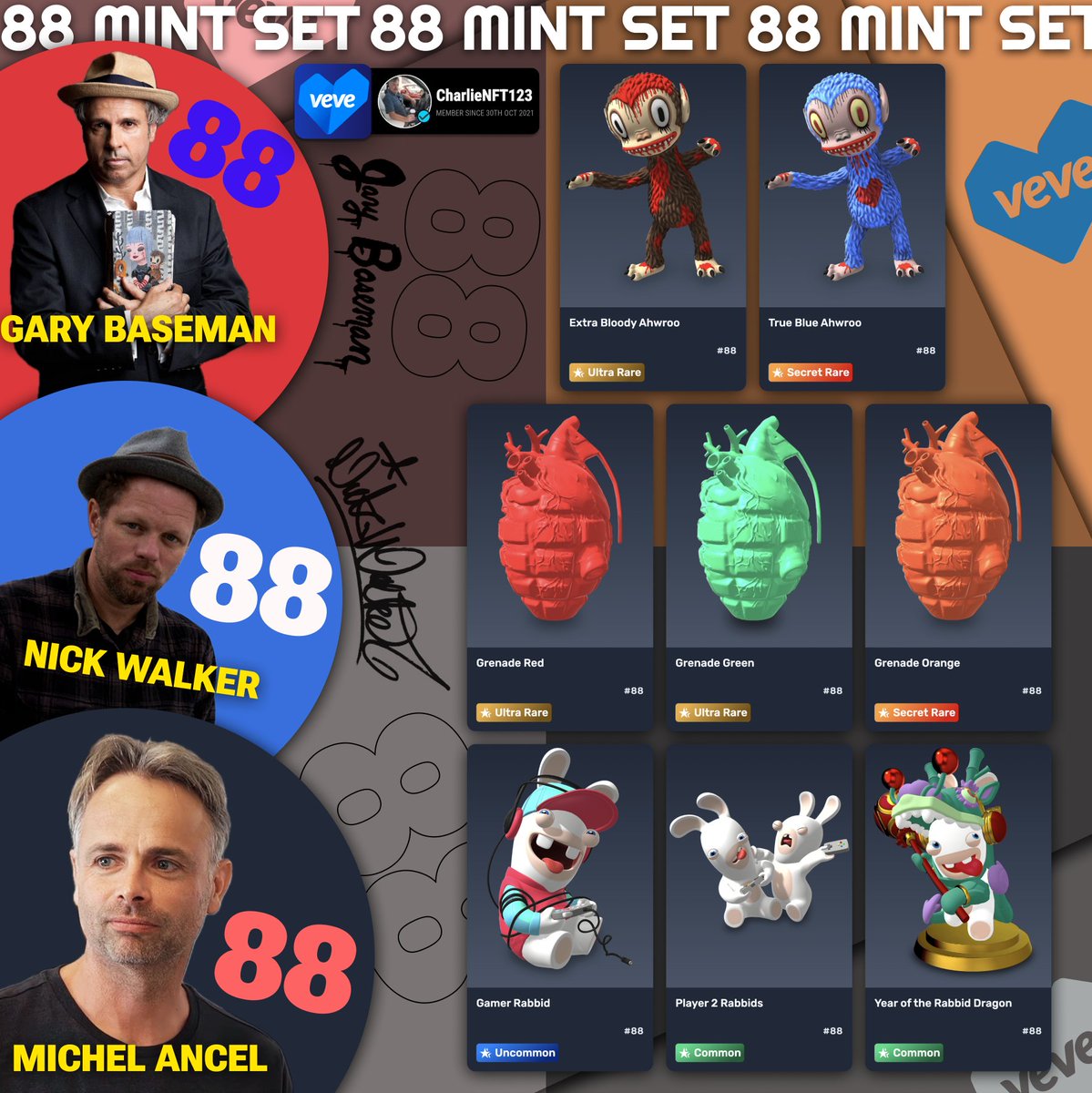 🎨✨ 88 MINT SET 🎉

Unveiling the artistic brilliance of Gary Baseman, Nick Walker, and Michel Ancel in the exclusive 88 Mint Collection! 💎 Each piece is a masterpiece, uniquely numbered #88, celebrating creativity, innovation, and rarity. 🖼️🚀
From the bold Extra Bloody Ahwroo