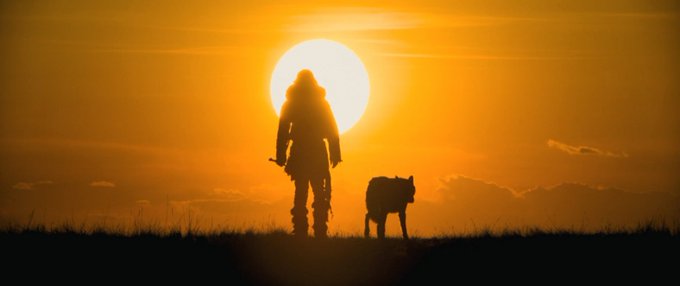 A boy (Keda) and a wolf (Alpha) standing side-by-side on grassy land with the sun setting behind them.