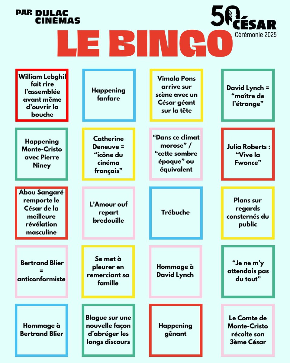 🔥 Bingo des #César2025 🎱🔥
C’est reparti pour la soirée la plus longue de l’année (1,5 Cheval de Turin ou 0,4 Sátántangó en unité Béla Tarr 🕰️) Heureusement notre Bingo maison est là pour vous tenir éveillés ! 

📥 Téléchargez le Bingo : bit.ly/BingoCésar2025