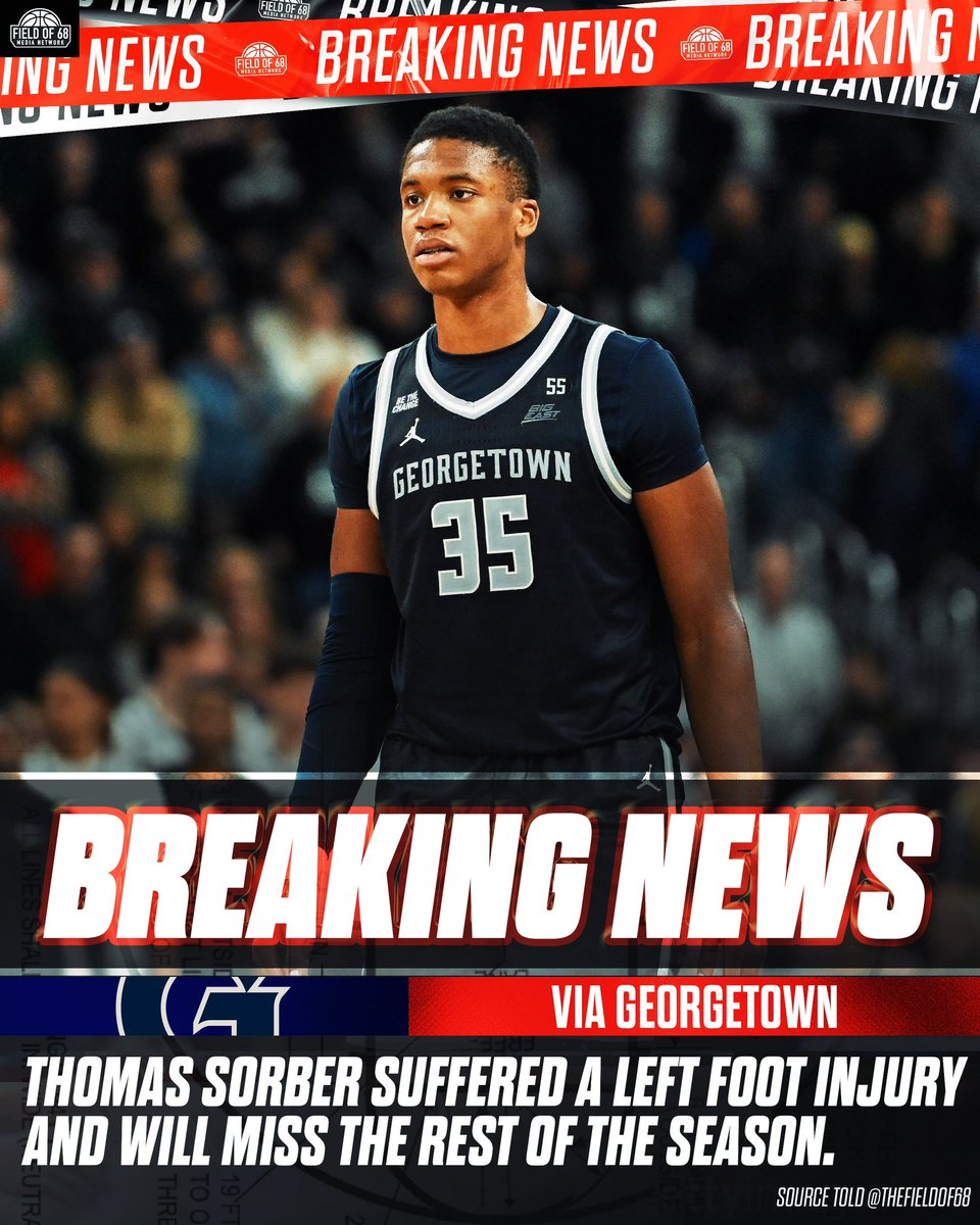 The Field of 68 (@thefieldof68) on Twitter photo Freshman Thomas Sorber suffered a left foot injury that necessitates surgery.
He will not play the remainder of the 2024-25 season.
Via <a href="/GeorgetownHoops/">Georgetown Hoops</a> Freshman Thomas Sorber suffered a left foot injury that necessitates surgery.
He will not play the remainder of the 2024-25 season.
Via <a href="/GeorgetownHoops/">Georgetown Hoops</a>