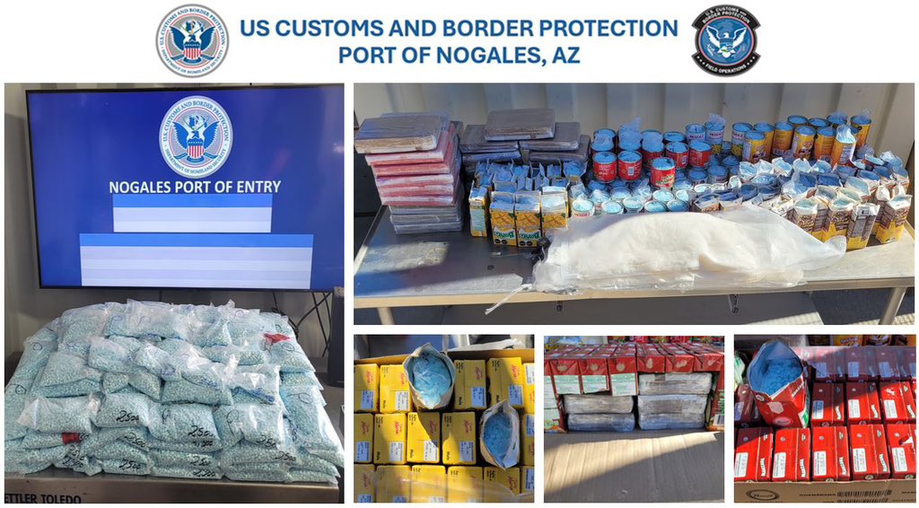 2/8: CBP officers at the Nogales POE seized approx. 439,636 fentanyl pills, 58.6 lbs bulk fentanyl powder, 20 lbs cocaine and 23 lbs meth, all concealed in grocery items. Another great catch by the team!