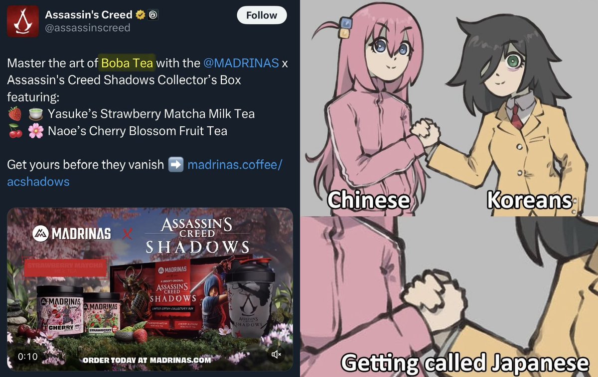 GiveMeBanHammer's tweet image. Ubisoft did it again with their Assassin’s Creed Shadow Marketing. Mistaking Boba Tea, a Taiwanese drink for Japanese…

Its actually impressive how they keep racking up mistakes.