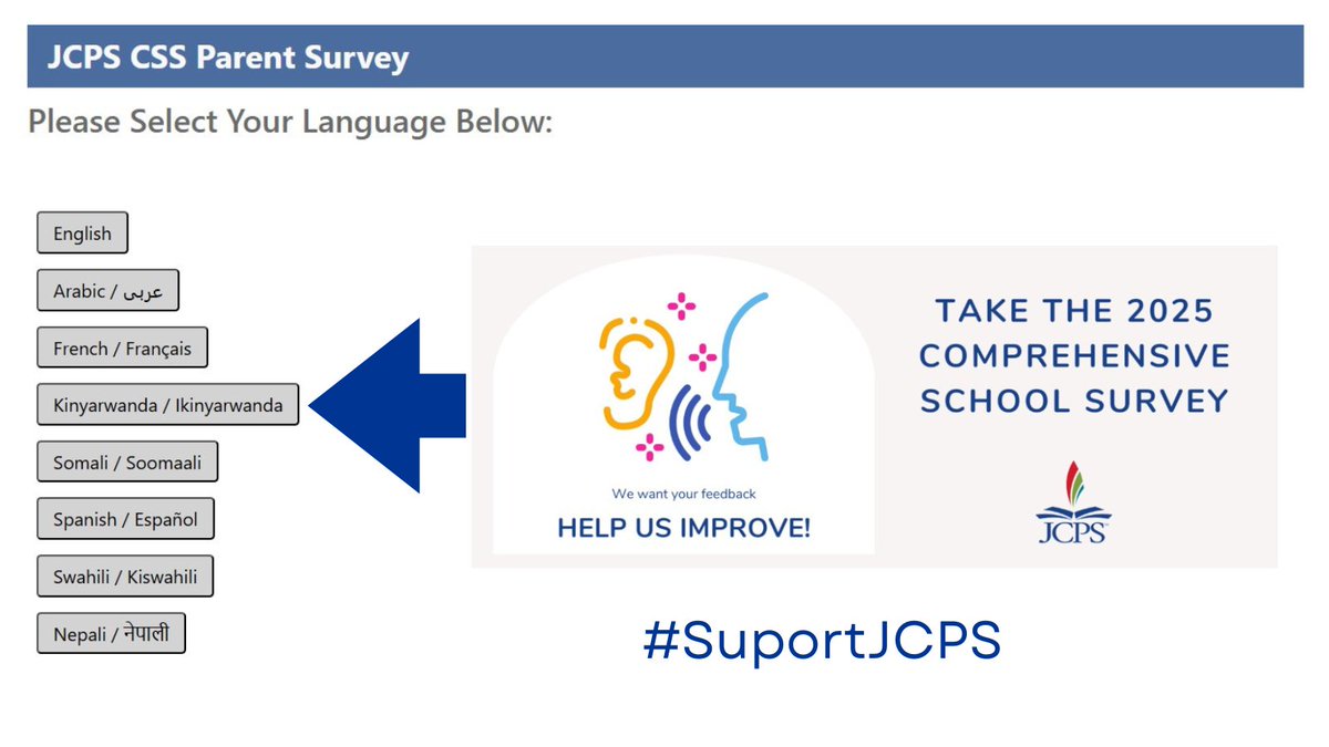 JCPS Language Services (@jcpsls) on Twitter photo ♦️The <a href="/JCPSKY/">JCPS</a> 💻Comprehensive School Survey closes on February 2⃣8⃣th!! Parent Survey is available in our top 7⃣ languages. Support JCPS ↔️Share with everyone ⏩bit.ly/JCPSCSS25
#EquitythroughLanguageAccess
<a href="/DrJillHandley/">Jill Handley</a>
<a href="/JCPSAsstSuptASP/">Dr. Alicia Averette</a>
<a href="/CarolynCal_/">Carolyn Callahan</a> ♦️The <a href="/JCPSKY/">JCPS</a> 💻Comprehensive School Survey closes on February 2⃣8⃣th!! Parent Survey is available in our top 7⃣ languages. Support JCPS ↔️Share with everyone ⏩bit.ly/JCPSCSS25
#EquitythroughLanguageAccess
<a href="/DrJillHandley/">Jill Handley</a>
<a href="/JCPSAsstSuptASP/">Dr. Alicia Averette</a>
<a href="/CarolynCal_/">Carolyn Callahan</a>