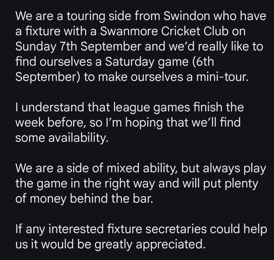Swindon United Churches CC (@utdchurchescc) on Twitter photo Calling all Cricket sides in the Winchester/Portsmouth/Southampton triangle!
<a href="/HampshireCB/">🏏 Hants Cricket Board</a> Calling all Cricket sides in the Winchester/Portsmouth/Southampton triangle!
<a href="/HampshireCB/">🏏 Hants Cricket Board</a>