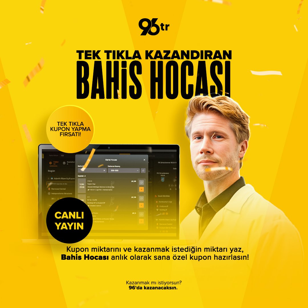 👨‍🏫 BAHİS HOCASI'yla tek tıkla kupon yapmaya var mısın?

💸 Türkiye Kupası fikstüründe kazandıran kuponu Bahis Hocası seçiyor!

ℹ️ Bu ay sonunda 96 global sitemize taşınıyoruz, detaylı bilgi için Süper Destek'e bekleniyorsun!

🚀 96'da şampiyon sensin: bit.ly/96tr