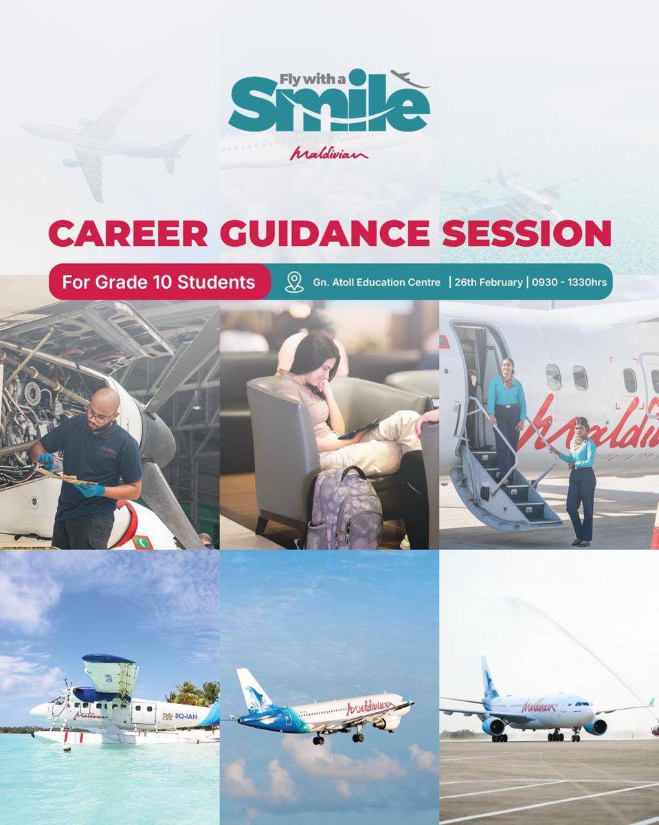 “Fly with a Smile” Presents Career Guidance Session for Grade 10 Students! 🎓✈️

📅 Date: 26th February
📍 Venue: GN. AEC, Fuvahmulah
⏰ Time: 9:30 AM – 1:30 PM

At Maldivian, we believe in inspiring the next generation and helping them soar toward success!

#FlyWithASmile