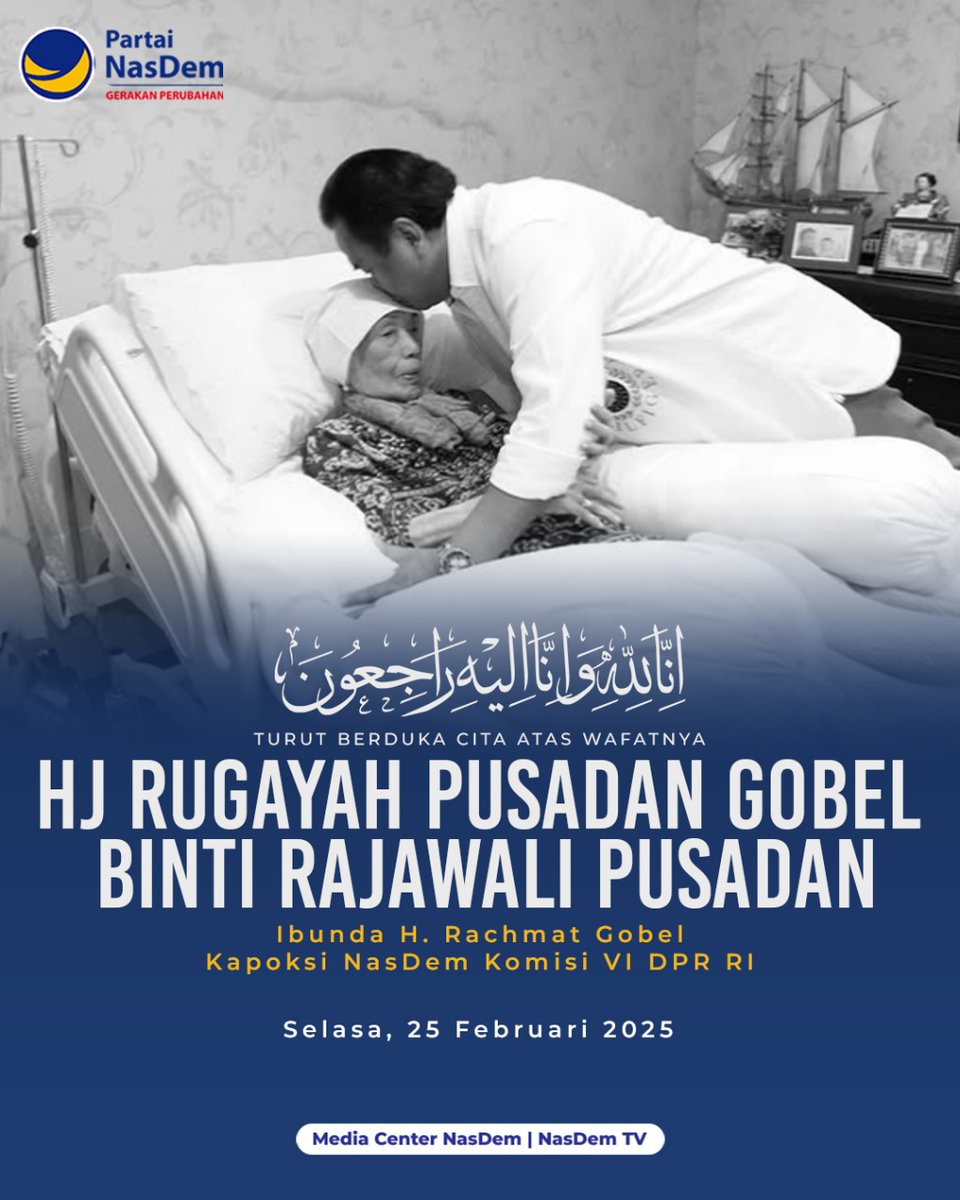 𝘽𝙚𝙧𝙞𝙩𝙖 𝘿𝙪𝙠𝙖 𝘾𝙞𝙩𝙖

Innalillahi Wa Inna ilaihi Raji'un

Keluarga Besar Partai NasDem Turut Berduka Cita atas berpulangnya  
 
Hj Rugayah Pusadan Gobel Binti Rajawali Pusadan
(Ibunda H. Rachmat Gobel
Kapoksi NasDem Komisi VI DPR RI)
 
Selasa, 25 Februari 2025

Semoga