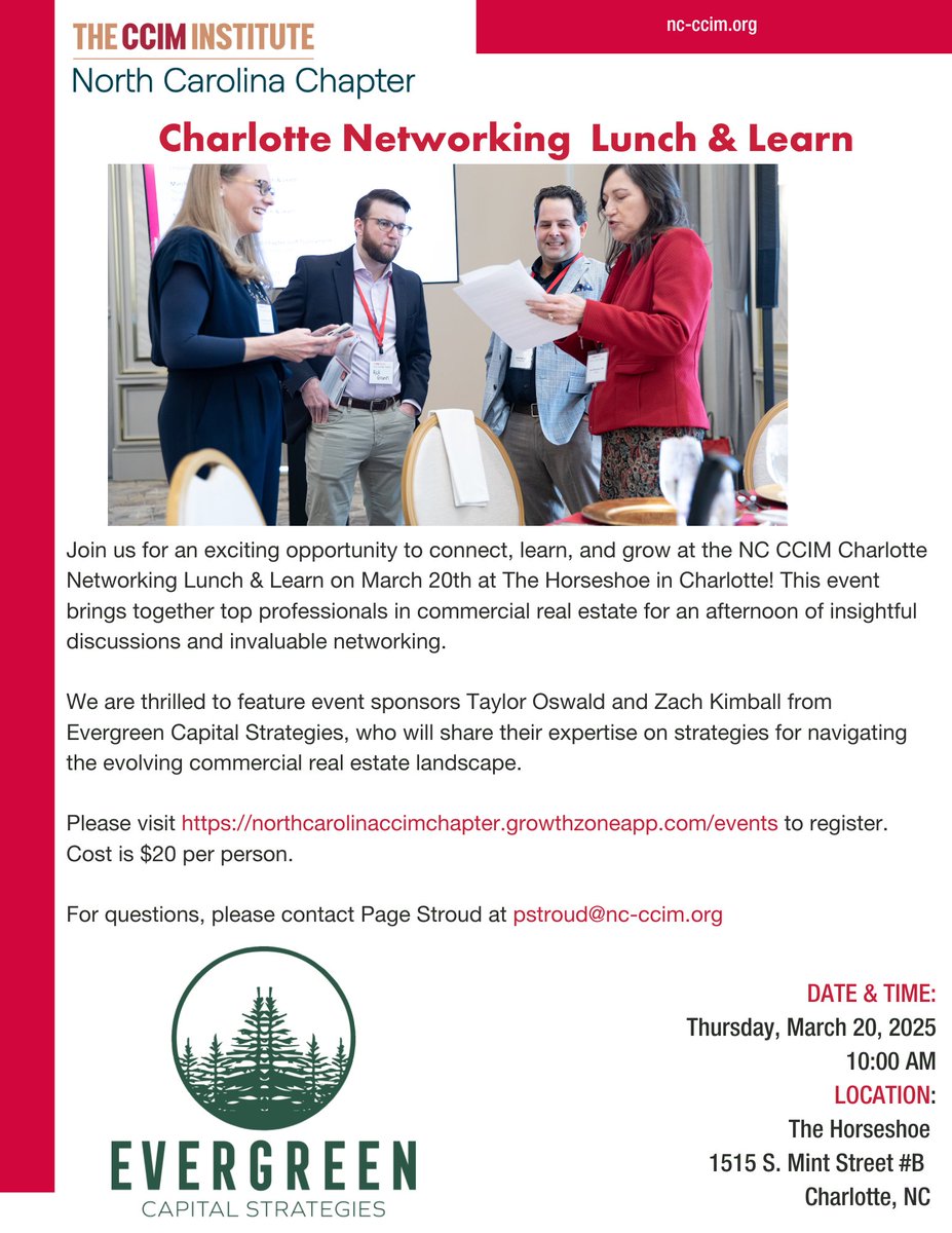 nc_ccim's tweet image. Unlock Networking Opportunities: Join us for the #NCCCIM Charlotte Lunch &amp;amp; Learn- March 20th, sponsored by Evergreen Capital Strategies! 🌿 It’s the perfect opportunity to network, learn, and grow your business connections. bit.ly/42JISp5 #CLTCRE #CCIM #CRENC
