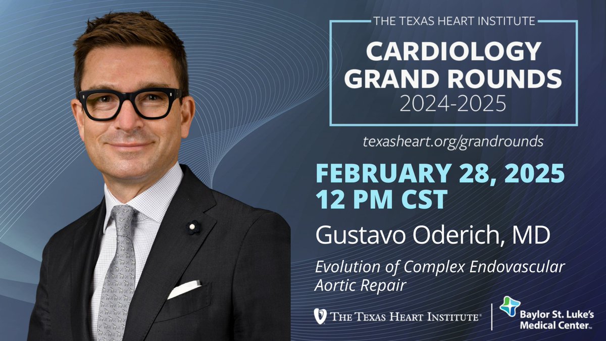 The Texas Heart Institute (@texas_heart) on Twitter photo Join us this Friday for Cardiology Grand Rounds featuring Dr. <a href="/GustavoOderich/">Gustavo Oderich</a> of THI and @BCMHouston.
Register for his talk on the Evolution of Complex Endovascular Aortic Repair: texasheart.org/event/the-texa… Join us this Friday for Cardiology Grand Rounds featuring Dr. <a href="/GustavoOderich/">Gustavo Oderich</a> of THI and @BCMHouston.
Register for his talk on the Evolution of Complex Endovascular Aortic Repair: texasheart.org/event/the-texa…