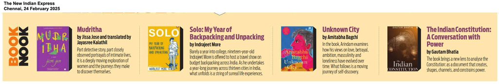 HarperCollinsIN's tweet image. Delighted to see 
#JissaJose’s #Mudritha, tr. @vivarthaka, #AmitabhaBagchi’s #UnknownCity, and @gautambhatia88’s #TheIndianConstitution, featured in @NewIndianXpress’ #BookNook column. 

These remarkable books offer powerful narratives—spanning literature, contemporary society,