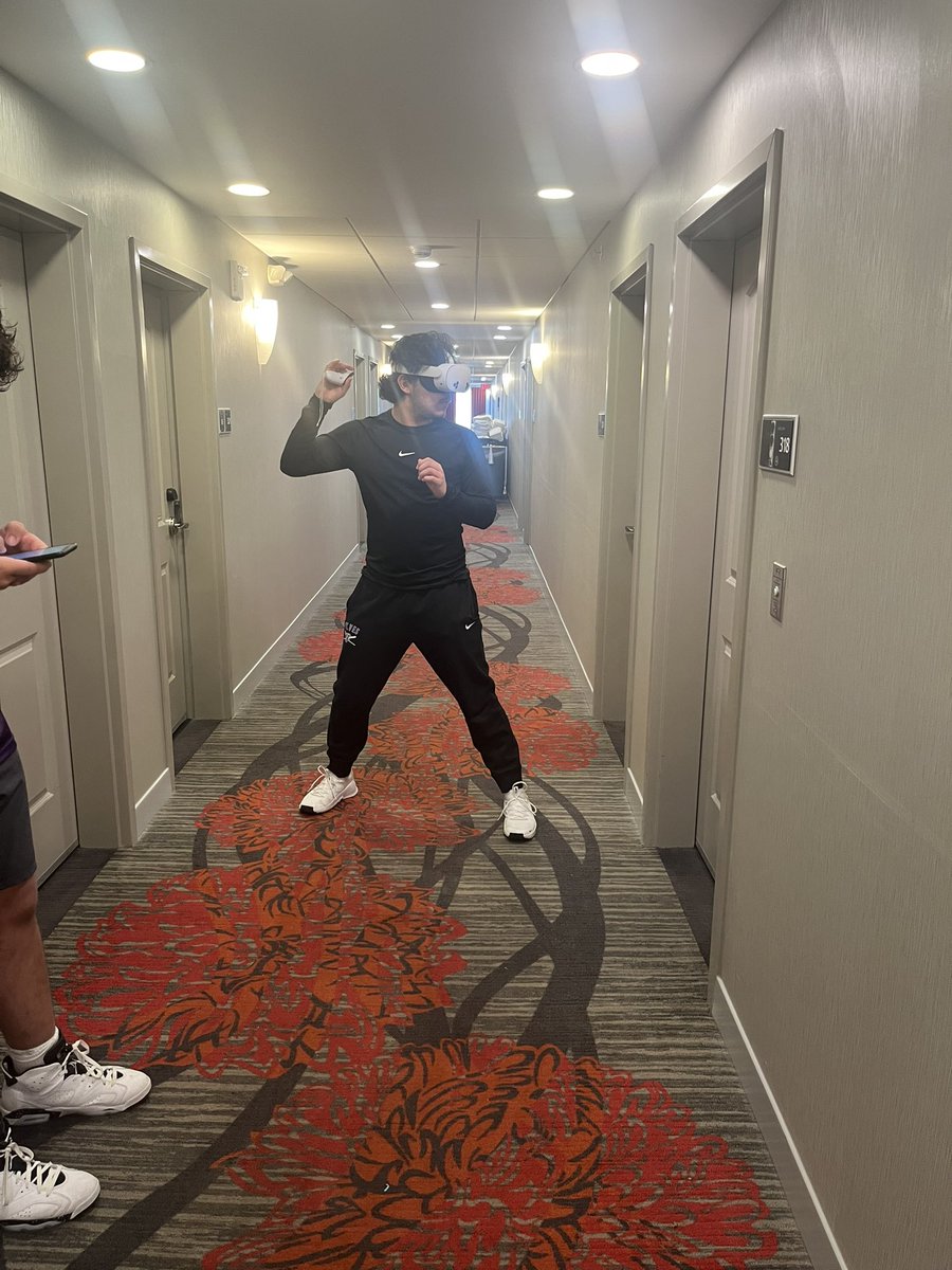 JJCbaseball's tweet photo. Student athlete life on the road.  Before we play 2 games today: 
1.  Working on his classwork
2. Getting in mental swings with VR https://t.co/AZNCVzRN9K