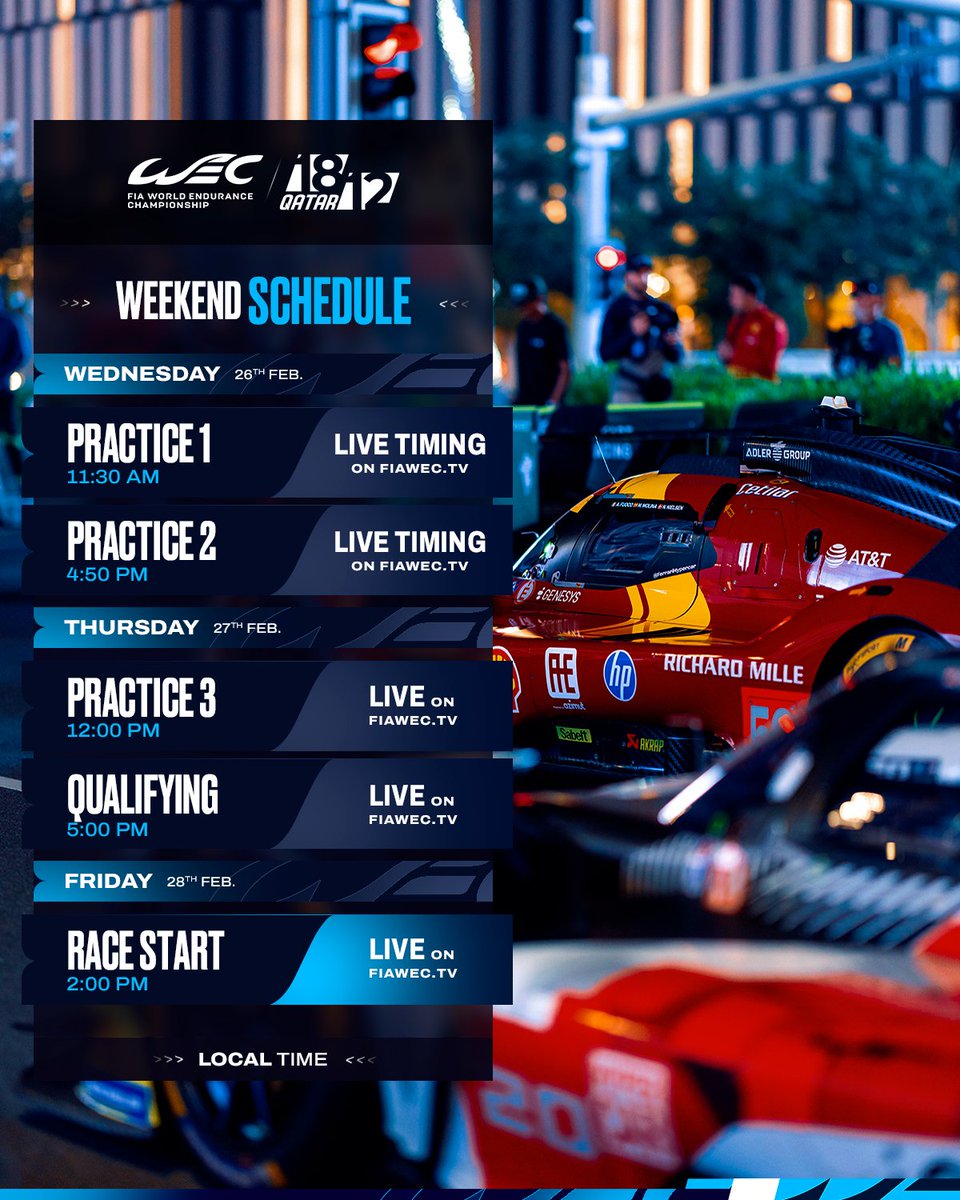Here’s your event timetable for the Qatar 1812km 👇

Save it, use it as your wallpaper, send to the group chat..   do what you gotta do! 

#WEC #Qatar1812km <a href="/lusailcircuit/">حلبة لوسيل الدولية</a>
