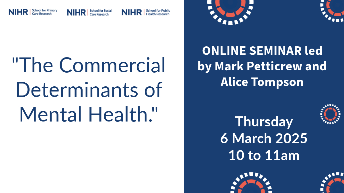 NIHR School for Primary Care Research (@nihrspcr) on Twitter photo Three Research Schools' Online Seminar | The Commercial Determinants of Mental Health, 6 Mar 2025, 10am to 11am: spcr.nihr.ac.uk/events/online-…
#MentalHealth #Research
<a href="/GeorginaSPCR/">Dr Georgina Fletcher</a>
<a href="/Ashmore2009/">Claire Ashmore</a> Three Research Schools' Online Seminar | The Commercial Determinants of Mental Health, 6 Mar 2025, 10am to 11am: spcr.nihr.ac.uk/events/online-…
#MentalHealth #Research
<a href="/GeorginaSPCR/">Dr Georgina Fletcher</a>
<a href="/Ashmore2009/">Claire Ashmore</a>