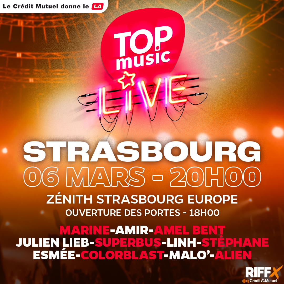 Le <a href="/CreditMutuel/">Crédit Mutuel</a> donne le LA à la 10ème édition du <a href="/TopmusicAlsace/">Top Music</a> Live au <a href="/Zenith_Europe/">Zénith Strasbourg</a> de Strasbourg avec Marine, Amir, <a href="/amel_bent/">AMEL BENT</a>, Julien Lieb, <a href="/superbus__/">Superbus</a>, <a href="/linhofficielle/">Linh</a> et bien d'autres !
<a href="/RIFFX_fr/">RIFFX by Crédit Mutuel</a> vous fait gagner des places 🥳
👉 Rendez-vous sur riffx.fr/concours/invit…