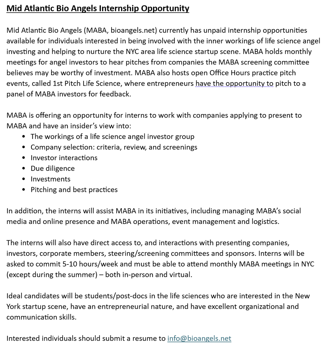 BioAngelsGroup's tweet image. Looking for an opportunity to be involved with the inner workings of a life science angel investor group? 

We are looking for interns who are students/post-docs in the life sciences interested in the startup scene! 

To apply, please submit a resume to info@bioangels.net