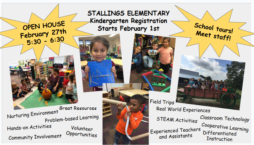 Kindergarten Registration is now open! Be sure to register early and come visit Stallings during our OPEN HOUSE on February 27th.  Drop-in between 5:30pm and 6:30 pm. Can't wait to meet our future Stallions! <a href="/AGHoulihan/">Andrew G. Houlihan</a> <a href="/UCPSNC/">Union County Public Schools</a>