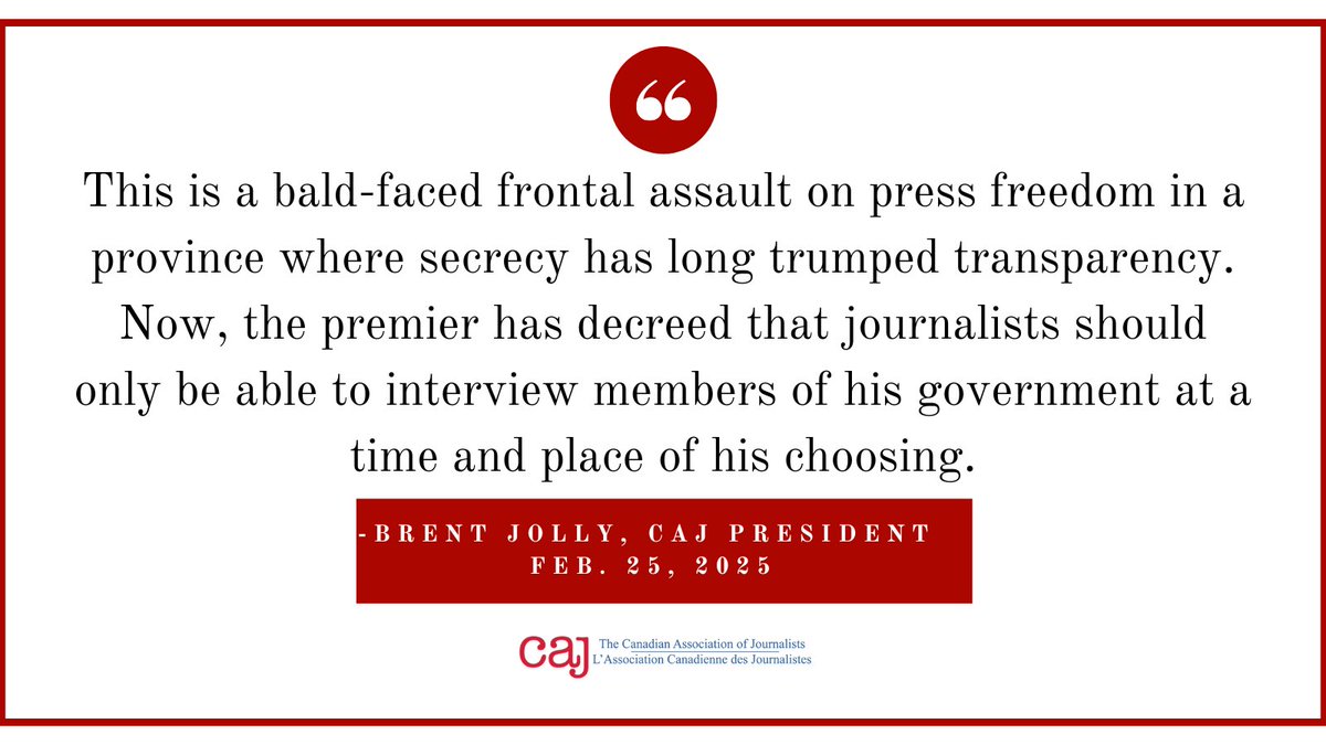 The CAJ calls on Nova Scotia Premier Tim Houston to reverse his government’s ill-advised plan that would prevent journalists from ‘scrumming’ politicians within the provincial legislature.

Read the full statement at caj.ca/news