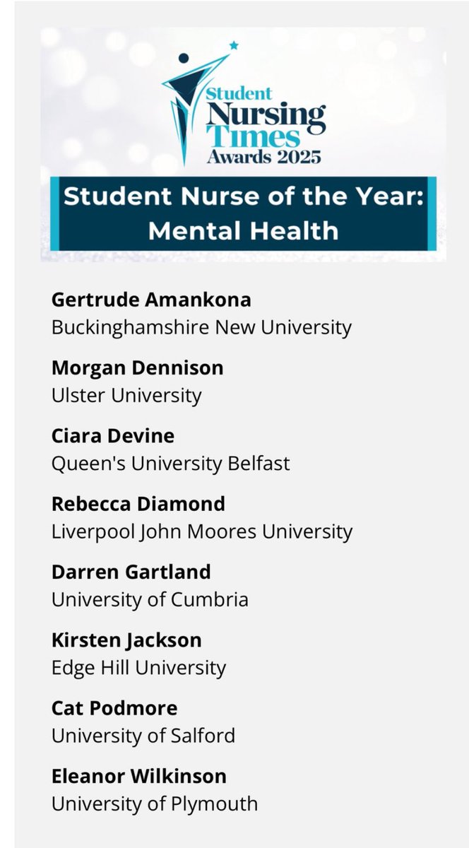 Morgan Dennison (@morgandennison_) on Twitter photo Delighted to have been shortlisted for <a href="/studentNT/">studentnursingtimes</a> Student Nurse of the Year: Mental Health.
Beyond grateful for the support from my colleagues and thanks to <a href="/UlsterUniSoNP/">Ulster Uni Nursing and Paramedic Science💙</a> <a href="/McBrearty_P/">Paddy McBrearty</a> for making this possible.
#SNTAwards Delighted to have been shortlisted for <a href="/studentNT/">studentnursingtimes</a> Student Nurse of the Year: Mental Health.
Beyond grateful for the support from my colleagues and thanks to <a href="/UlsterUniSoNP/">Ulster Uni Nursing and Paramedic Science💙</a> <a href="/McBrearty_P/">Paddy McBrearty</a> for making this possible.
#SNTAwards