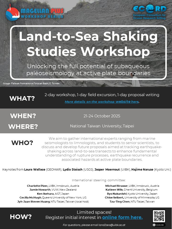 📢Calling all paleoseismologists!📢

🏔️➡️🌊Join us in Taiwan for the Land-to-Sea Shaking Studies Workshop to unlock the full potential of subaqueous paleoseismology at active plate boundaries!

🌐See website👉sites.google.com/view/land2sea-…
✅Register interest👉forms.gle/oBA8rU8GFTkYzT…