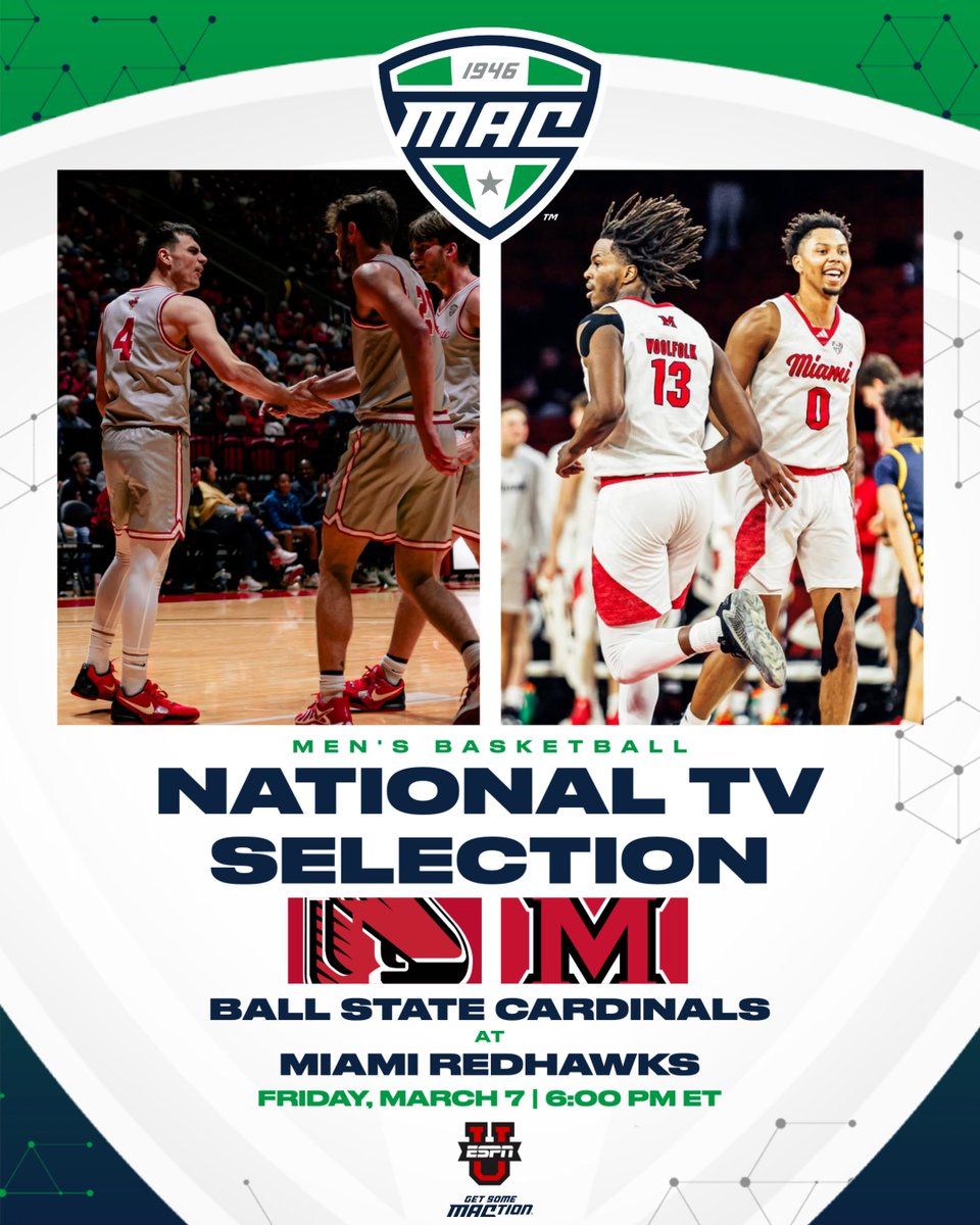 MACtion (@macsports) on Twitter photo More National #MACtion 🤩
<a href="/MiamiOH_BBall/">Miami Men’s Basketball</a> will host <a href="/BallStateMBB/">Ball State Men's Basketball</a> on Friday, March 7 for a 6PM ET start on ESPNU‼️ More National #MACtion 🤩
<a href="/MiamiOH_BBall/">Miami Men’s Basketball</a> will host <a href="/BallStateMBB/">Ball State Men's Basketball</a> on Friday, March 7 for a 6PM ET start on ESPNU‼️