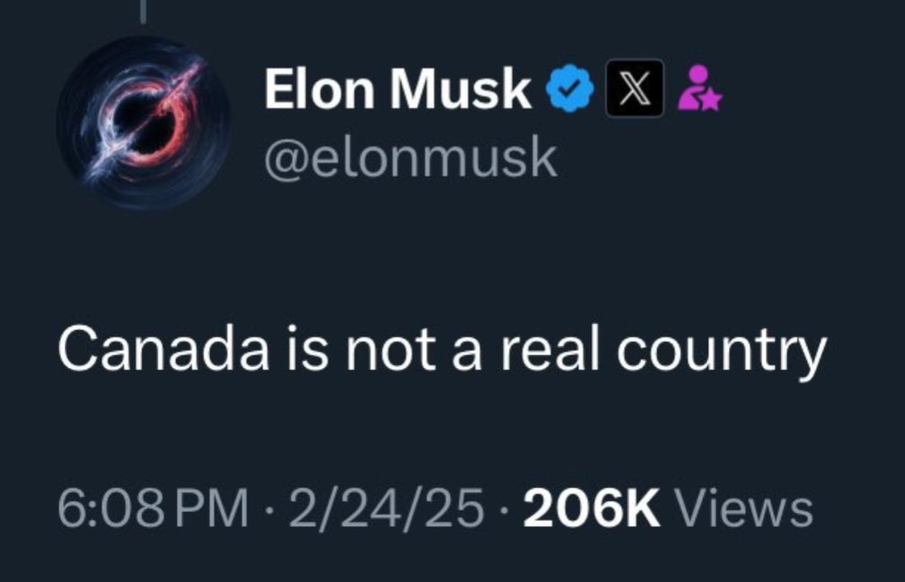 What purpose do you think trying to convince people we aren't a "real country" serves?

What actions would that justify?

Hey Musk,

Go. Fuck. Yourself.

Sincerely,

Real Canadians, from a Real Country!
